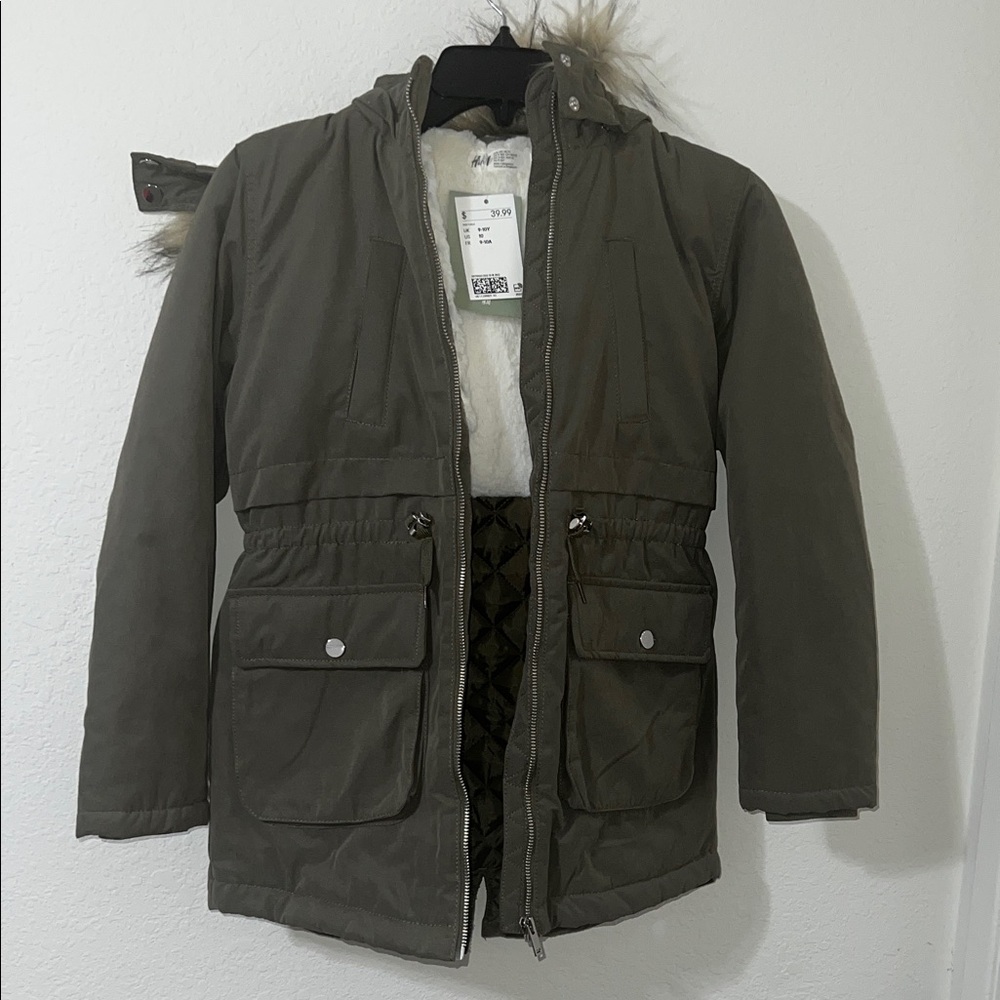 H&M Olive Green Girls Jacket with Faux Fur Hood